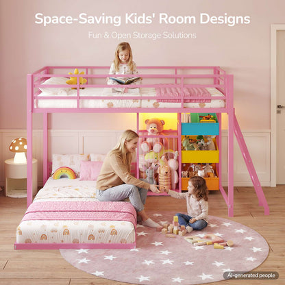 Hasuit | Bunk Bed Twin Over Twin Size with Large Toy Storage Organizer and 3 Bins L Shaped Bunk Beds with LED Lights