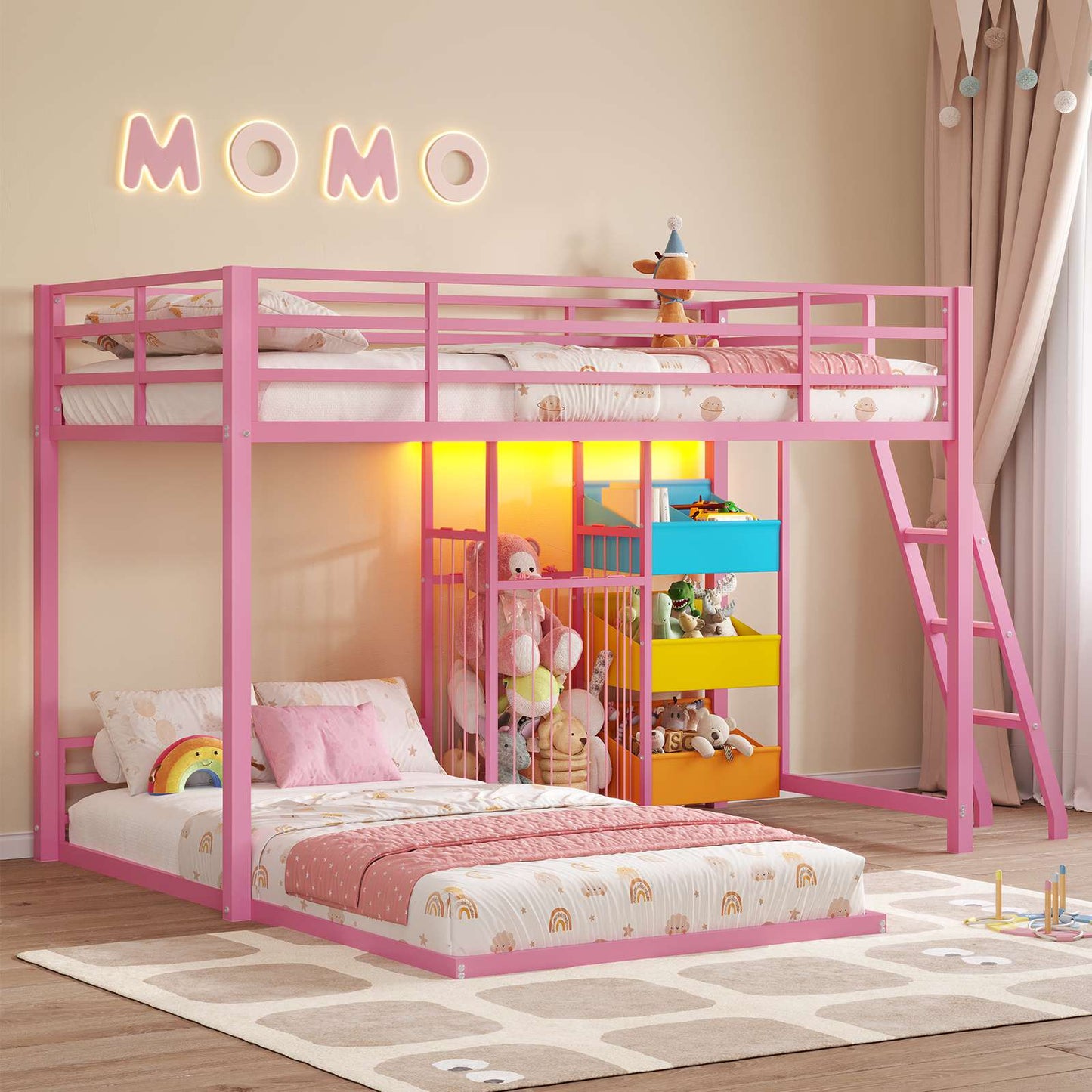 Hasuit | Bunk Bed Twin Over Twin Size with Large Toy Storage Organizer and 3 Bins L Shaped Bunk Beds with LED Lights