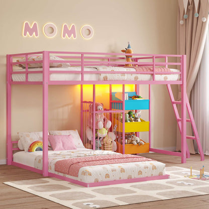 Hasuit | Bunk Bed Twin Over Twin Size with Large Toy Storage Organizer and 3 Bins L Shaped Bunk Beds with LED Lights
