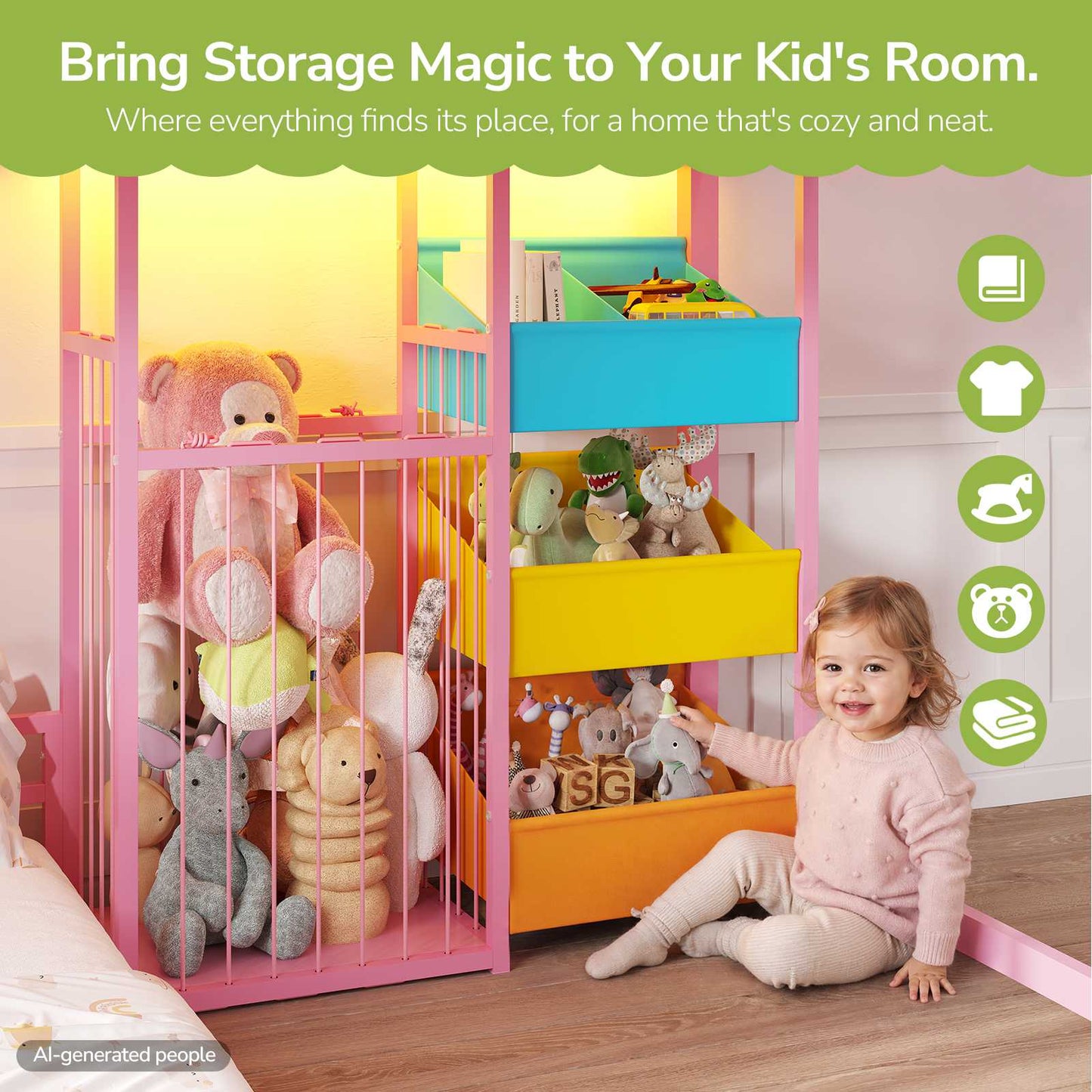 Hasuit | Bunk Bed Twin Over Twin Size with Large Toy Storage Organizer and 3 Bins L Shaped Bunk Beds with LED Lights
