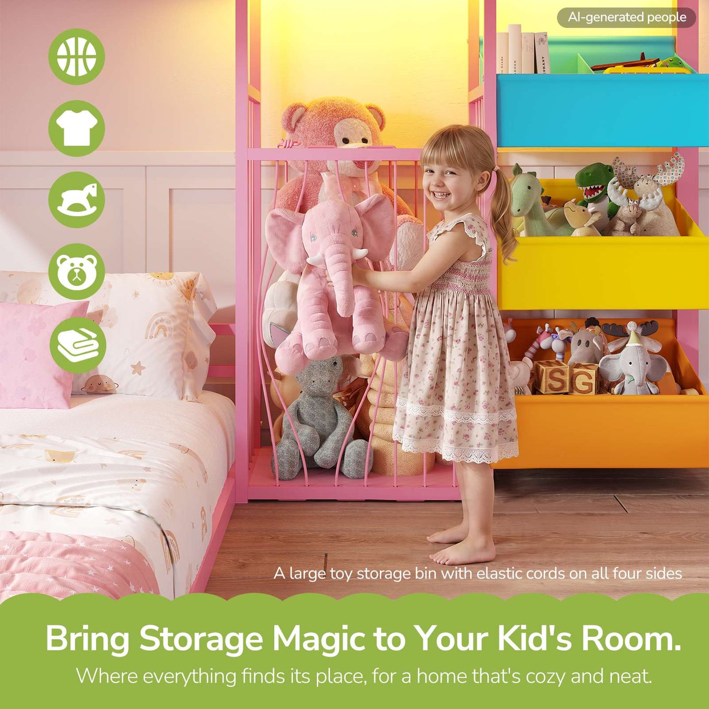 Hasuit | Bunk Bed Twin Over Twin Size with Large Toy Storage Organizer and 3 Bins L Shaped Bunk Beds with LED Lights