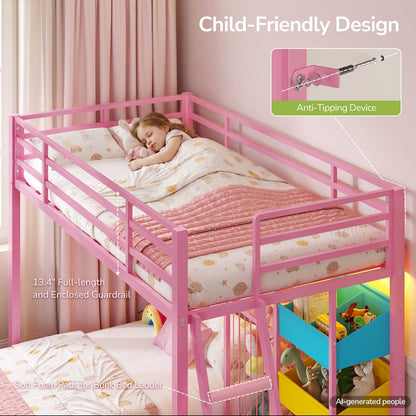 Hasuit | Bunk Bed Twin Over Twin Size with Large Toy Storage Organizer and 3 Bins L Shaped Bunk Beds with LED Lights