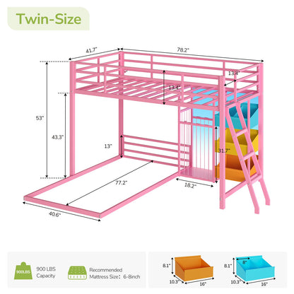 Hasuit | Bunk Bed Twin Over Twin Size with Large Toy Storage Organizer and 3 Bins L Shaped Bunk Beds with LED Lights