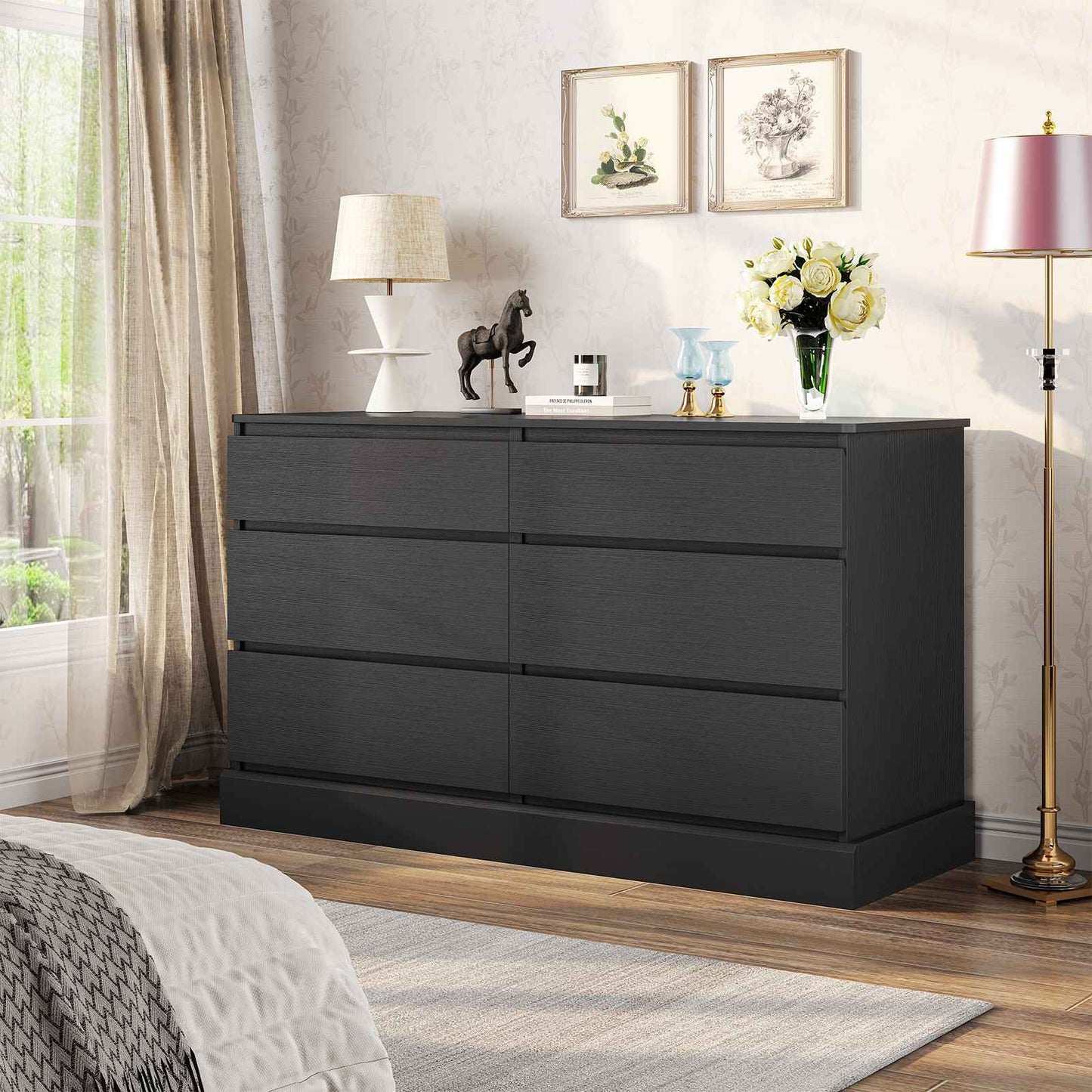 Hasuit | 51.5 Inch Wide Dresser for Bedroom Long Dresser with 6 Drawers Wooden Dressers Chest Large Capacity Clothing Storage Cabinet