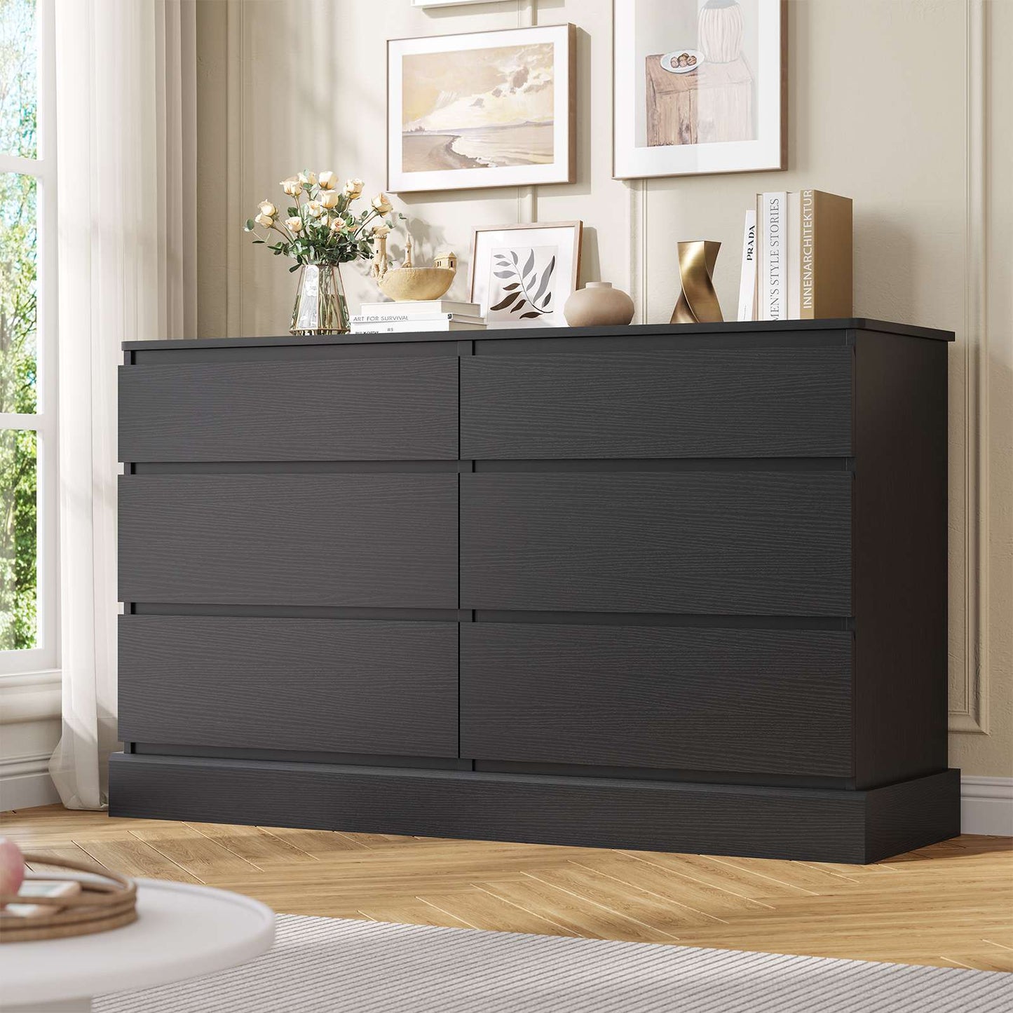 Hasuit | 51.5 Inch Wide Dresser for Bedroom Long Dresser with 6 Drawers Wooden Dressers Chest Large Capacity Clothing Storage Cabinet