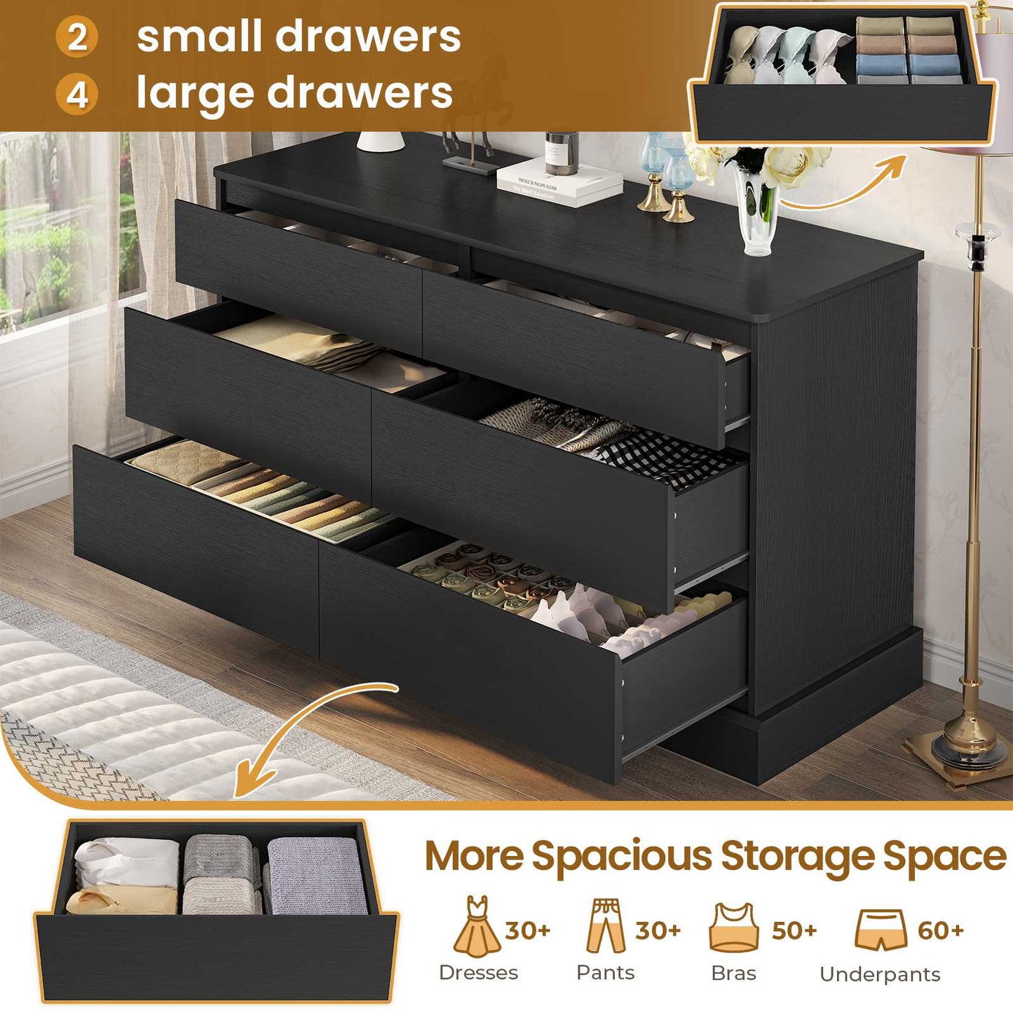 Hasuit | 51.5 Inch Wide Dresser for Bedroom Long Dresser with 6 Drawers Wooden Dressers Chest Large Capacity Clothing Storage Cabinet