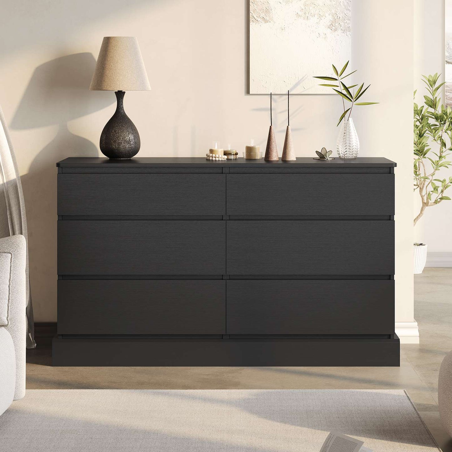 Hasuit | 51.5 Inch Wide Dresser for Bedroom Long Dresser with 6 Drawers Wooden Dressers Chest Large Capacity Clothing Storage Cabinet