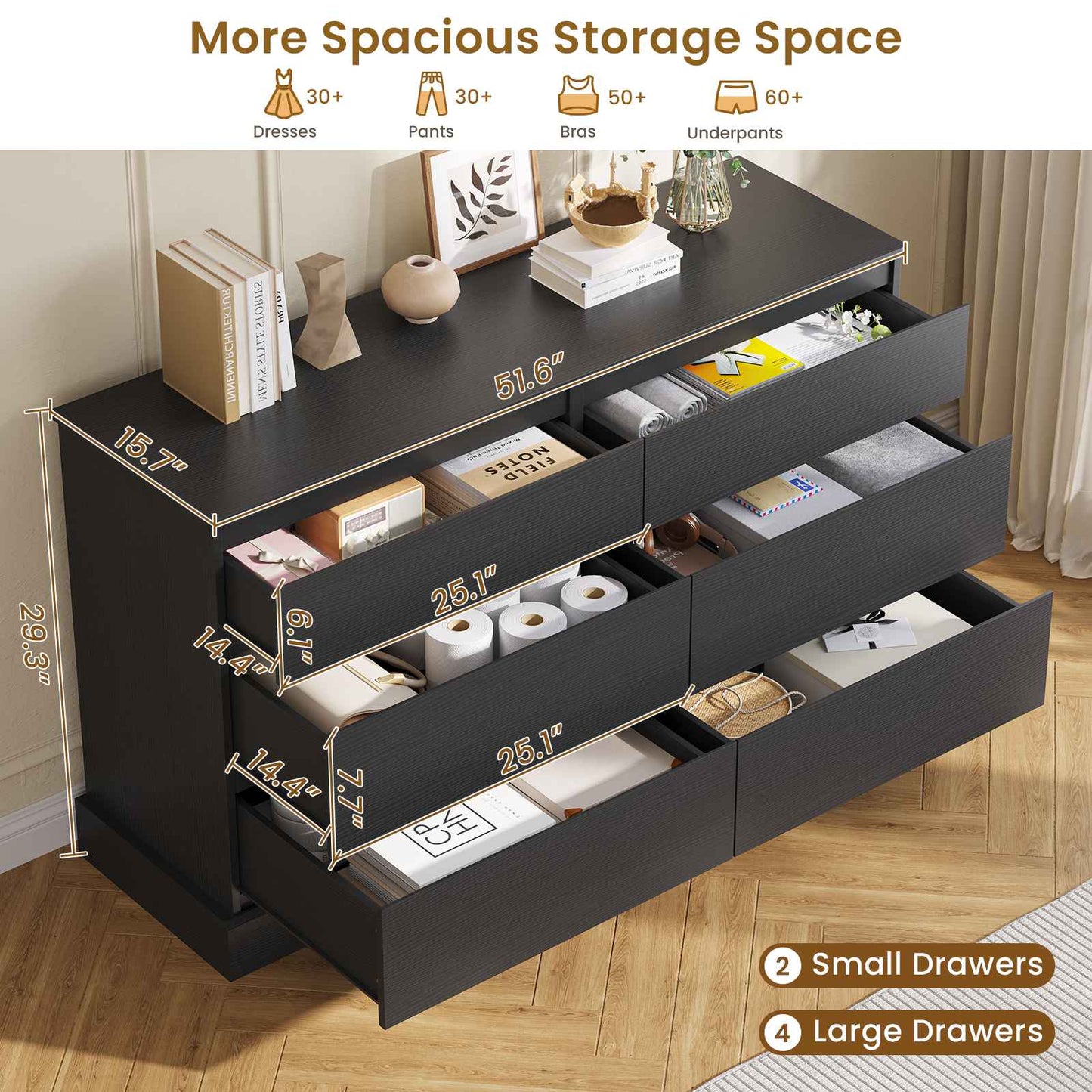 Hasuit | 51.5 Inch Wide Dresser for Bedroom Long Dresser with 6 Drawers Wooden Dressers Chest Large Capacity Clothing Storage Cabinet