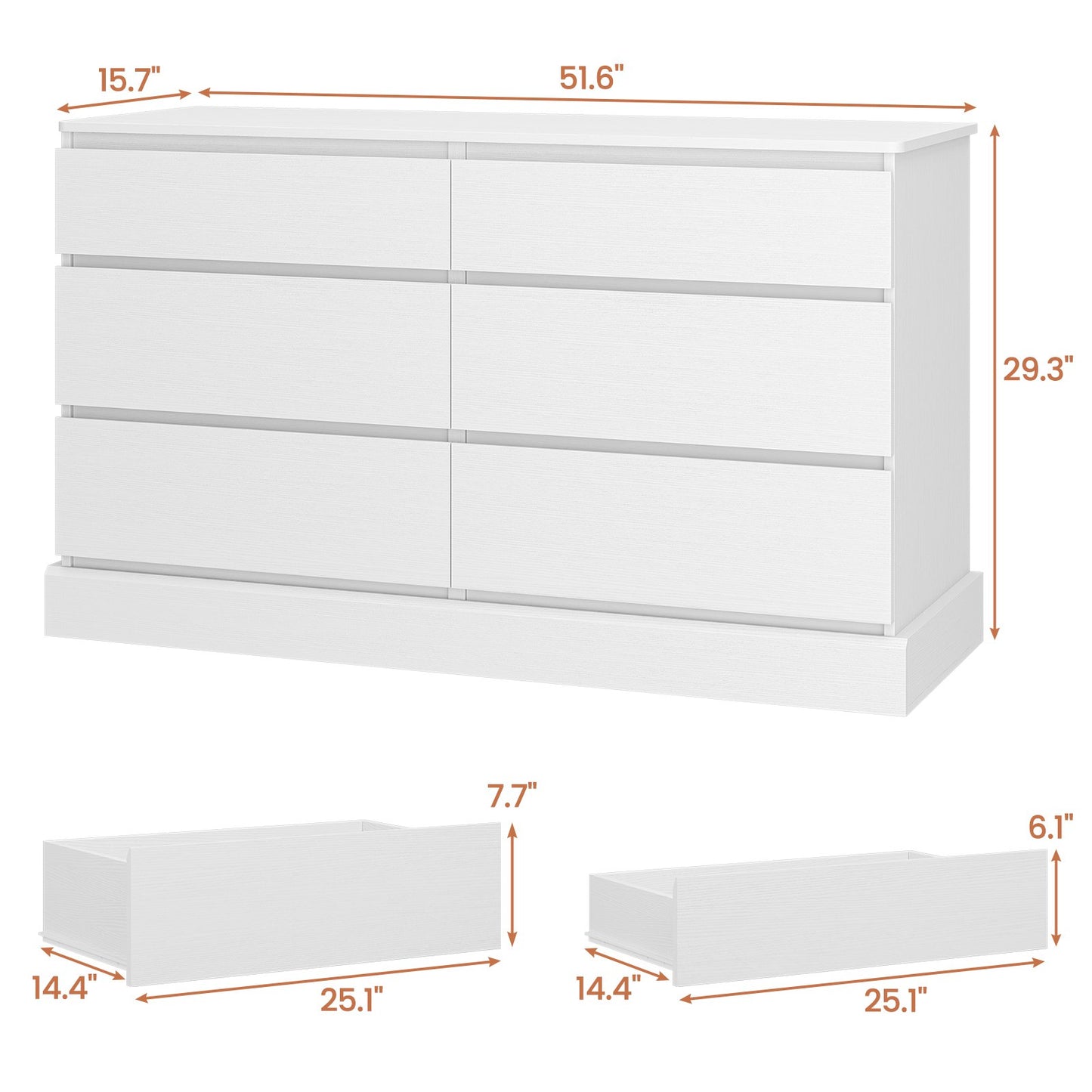 Hasuit | 51.5 Inch Wide Dresser for Bedroom Long Dresser with 6 Drawers Wooden Dressers Chest Large Capacity Clothing Storage Cabinet