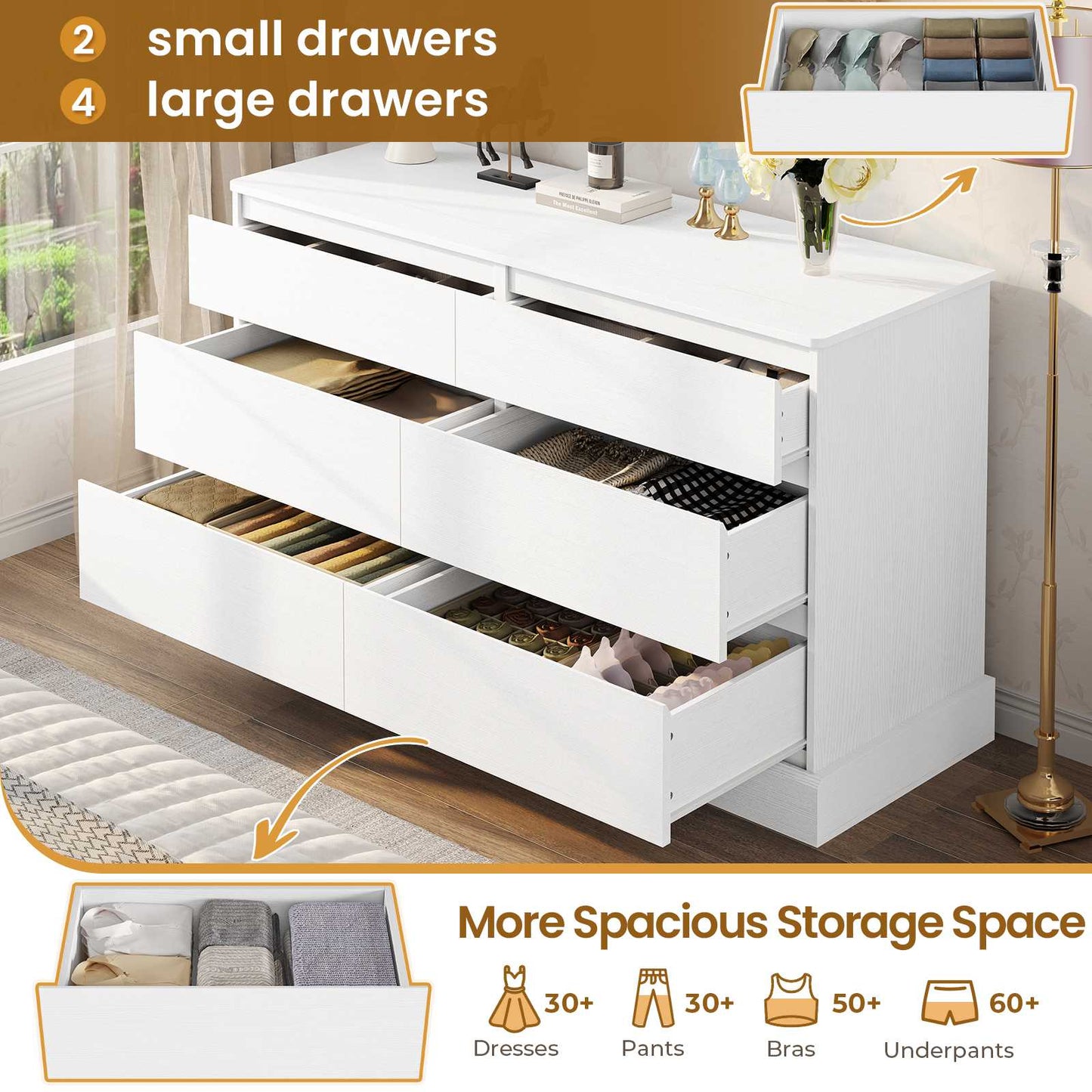 Hasuit | 51.5 Inch Wide Dresser for Bedroom Long Dresser with 6 Drawers Wooden Dressers Chest Large Capacity Clothing Storage Cabinet