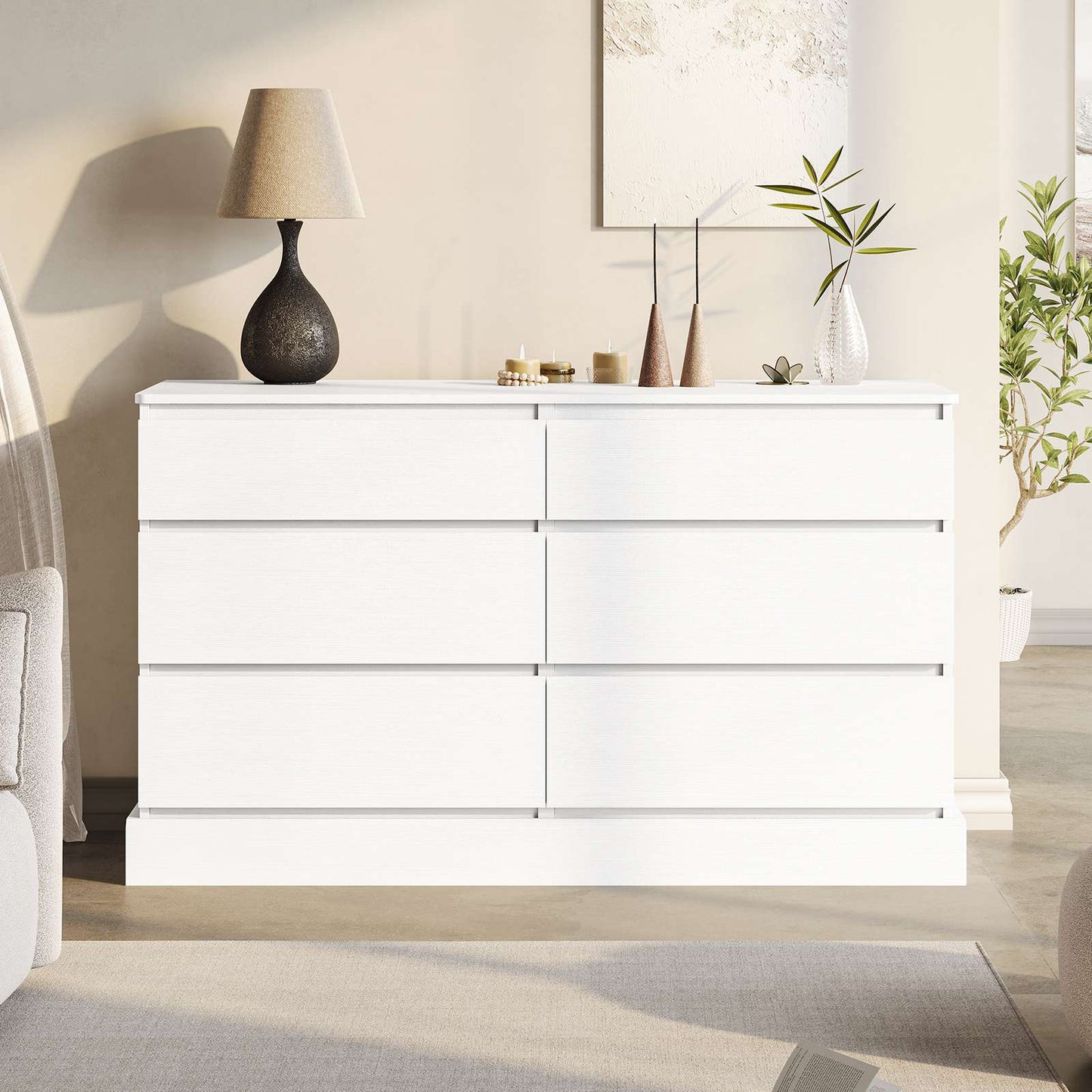 Hasuit | 51.5 Inch Wide Dresser for Bedroom Long Dresser with 6 Drawers Wooden Dressers Chest Large Capacity Clothing Storage Cabinet