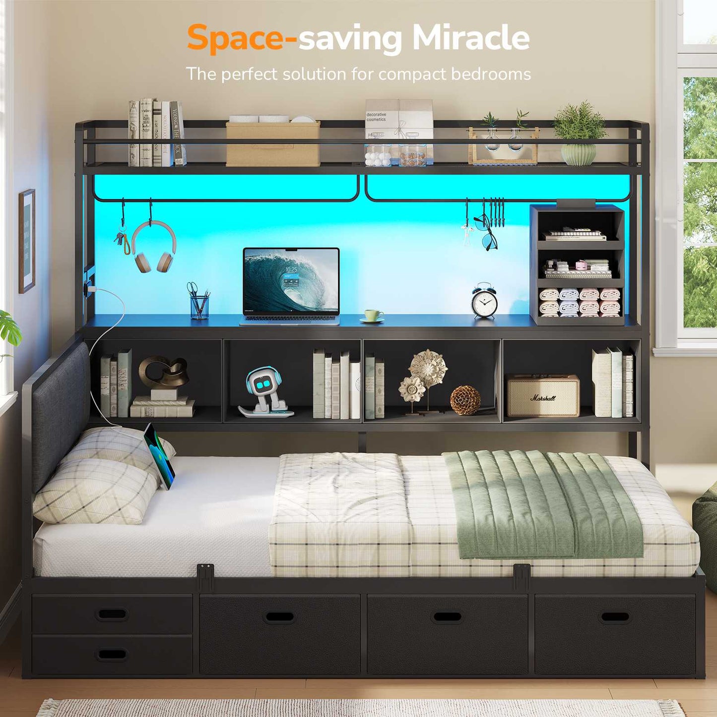 Hasuit | Twin Corner Bed Frame with 5 Drawers and Upper Storage Bookshelf Metal Twin Size Day Bed with Charging Station and LED Lights