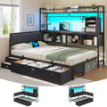 Hasuit | Twin Corner Bed Frame with 5 Drawers and Upper Storage Bookshelf Metal Twin Size Day Bed with Charging Station and LED Lights