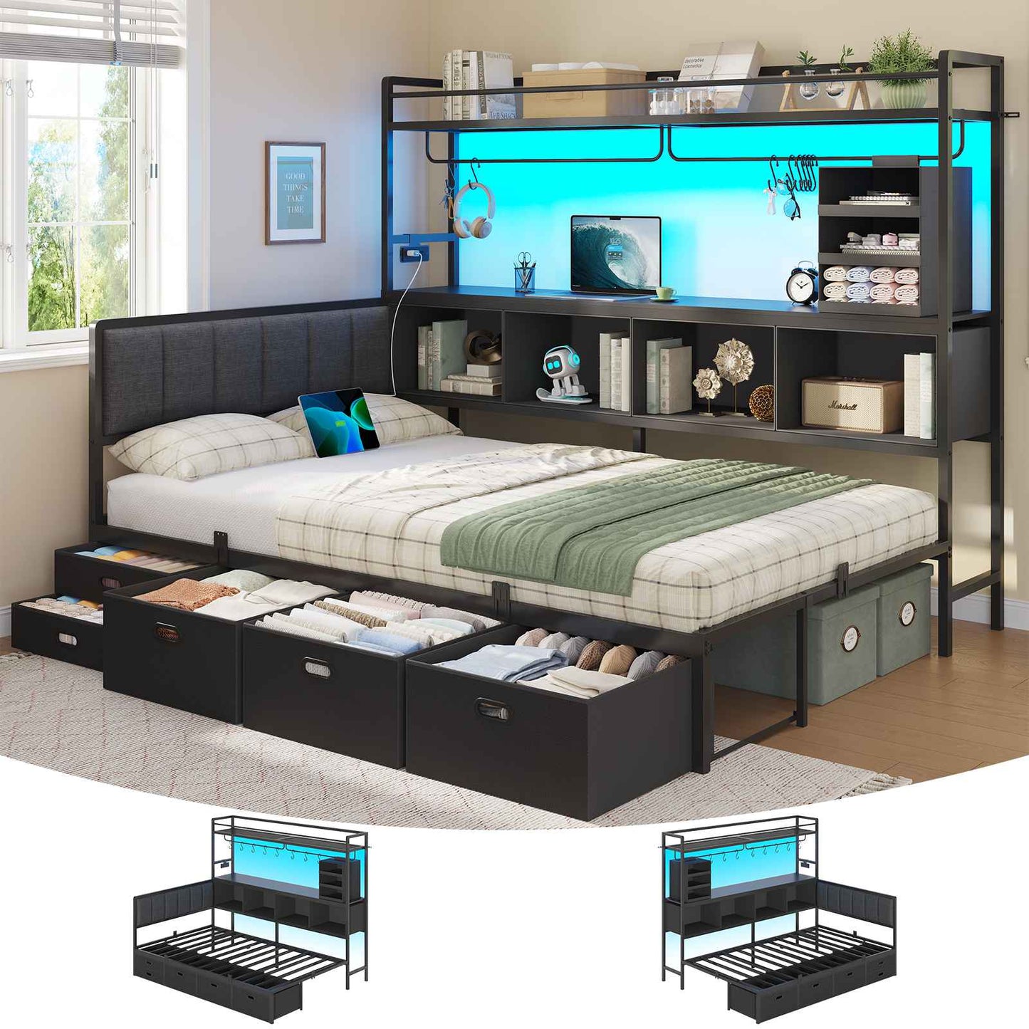 Hasuit | Twin Corner Bed Frame with 5 Drawers and Upper Storage Bookshelf Metal Twin Size Day Bed with Charging Station and LED Lights