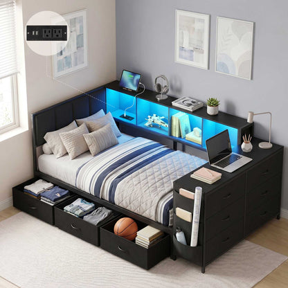Hasuit | Twin Corner Bed Frame with Desk and Storage Bookcase  Twin Size Day Bed with 9 Drawers and LED Lights for Kids Teens