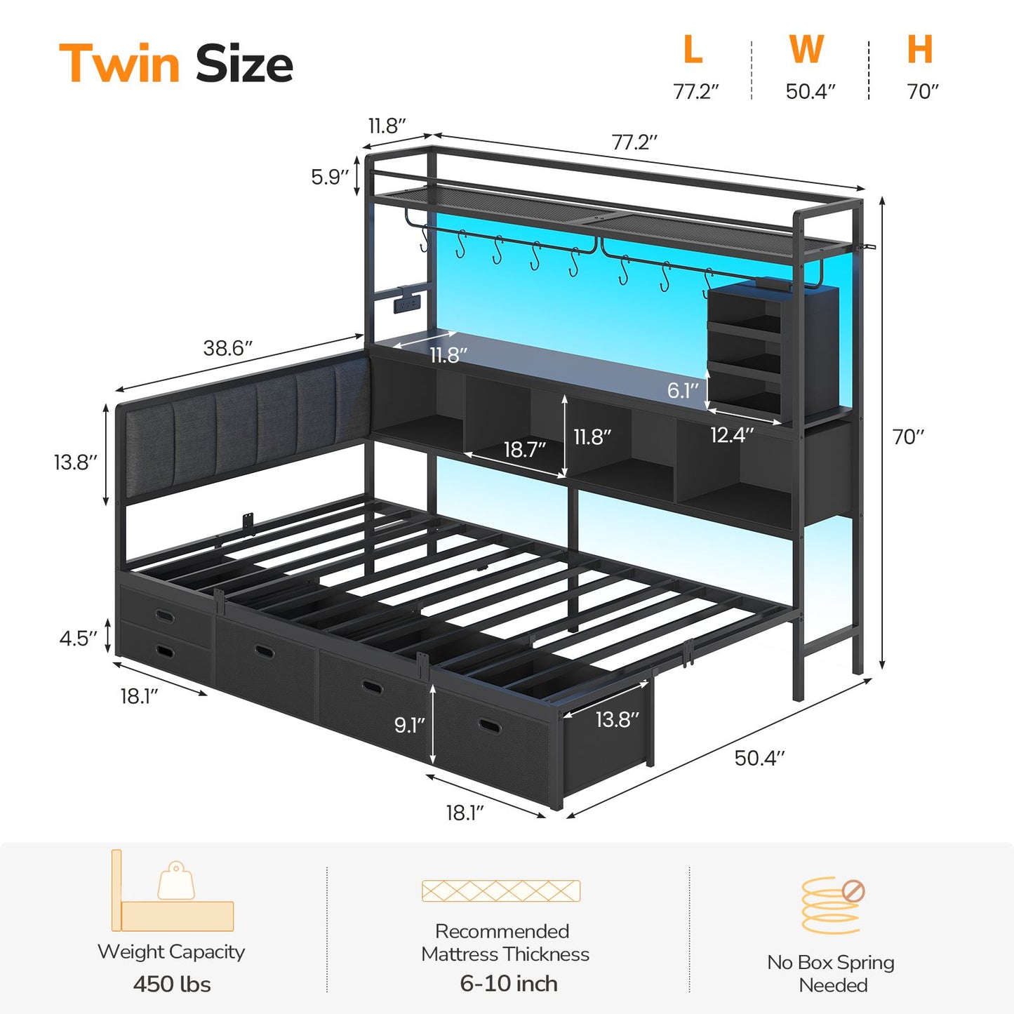Hasuit | Twin Corner Bed Frame with 5 Drawers and Upper Storage Bookshelf Metal Twin Size Day Bed with Charging Station and LED Lights