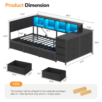 Hasuit | Twin Corner Bed Frame with Desk and Storage Bookcase  Twin Size Day Bed with 9 Drawers and LED Lights for Kids Teens