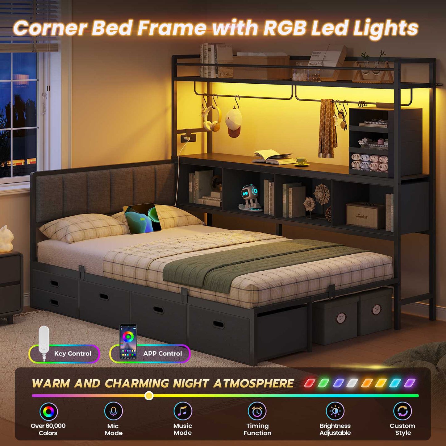 Hasuit | Twin Corner Bed Frame with 5 Drawers and Upper Storage Bookshelf Metal Twin Size Day Bed with Charging Station and LED Lights