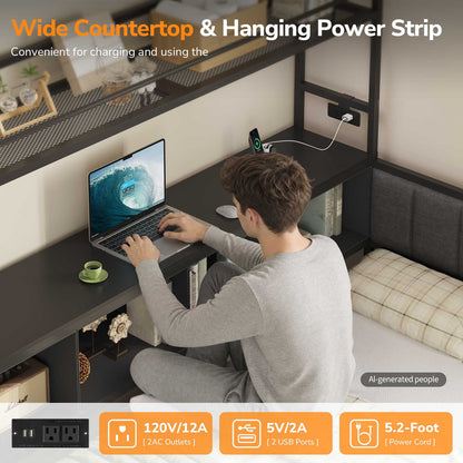 Hasuit | Twin Corner Bed Frame with 5 Drawers and Upper Storage Bookshelf Metal Twin Size Day Bed with Charging Station and LED Lights