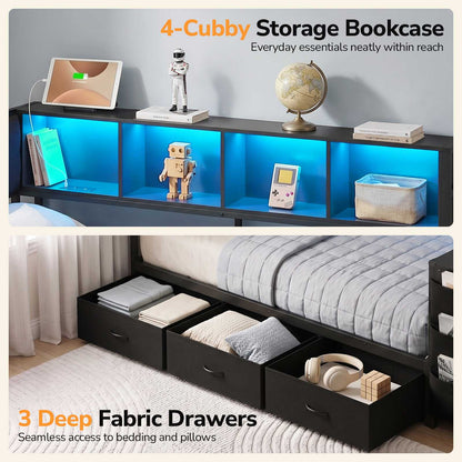 Hasuit | Twin Corner Bed Frame with Desk and Storage Bookcase  Twin Size Day Bed with 9 Drawers and LED Lights for Kids Teens