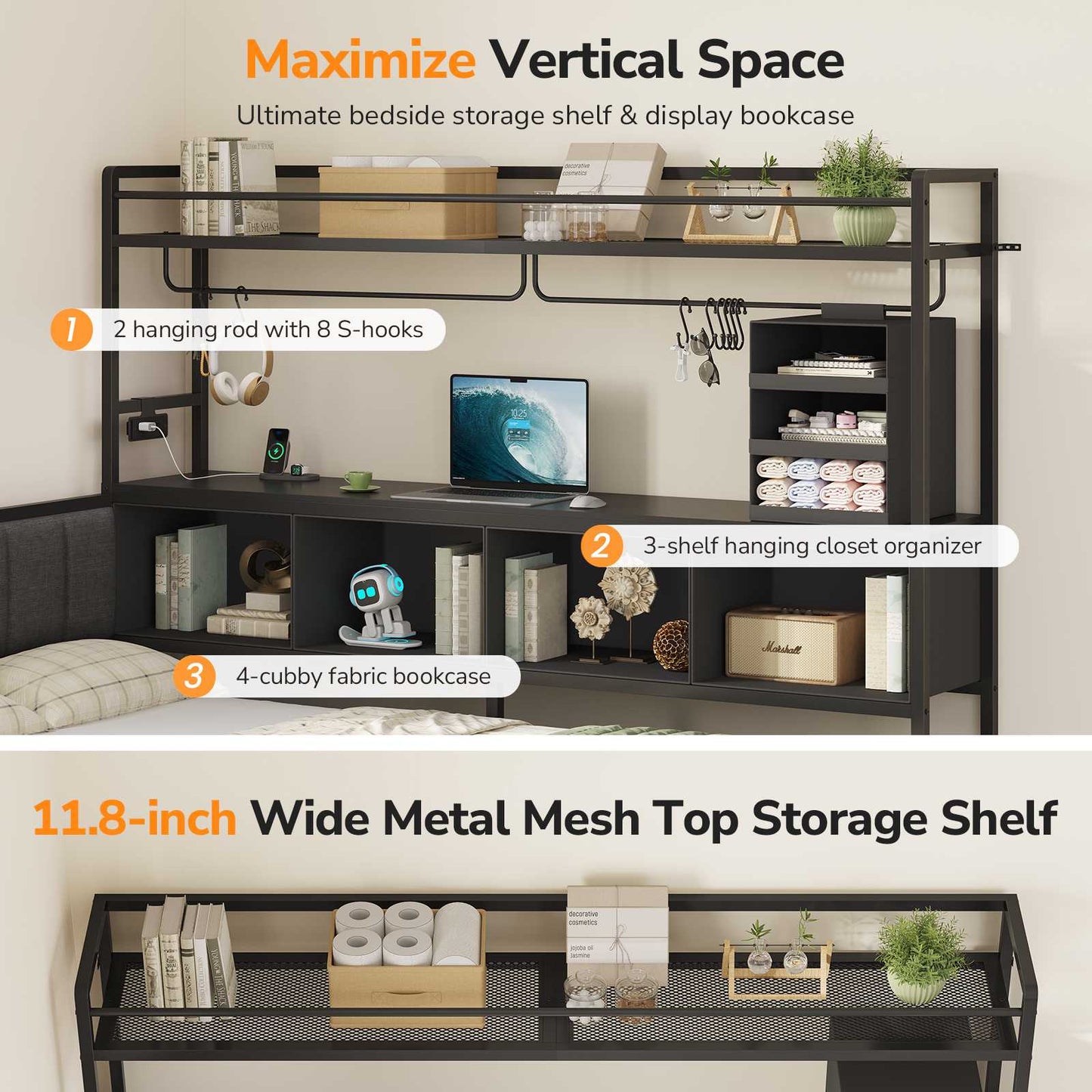 Hasuit | Twin Corner Bed Frame with 5 Drawers and Upper Storage Bookshelf Metal Twin Size Day Bed with Charging Station and LED Lights