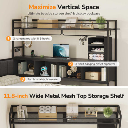 Hasuit | Twin Corner Bed Frame with 5 Drawers and Upper Storage Bookshelf Metal Twin Size Day Bed with Charging Station and LED Lights
