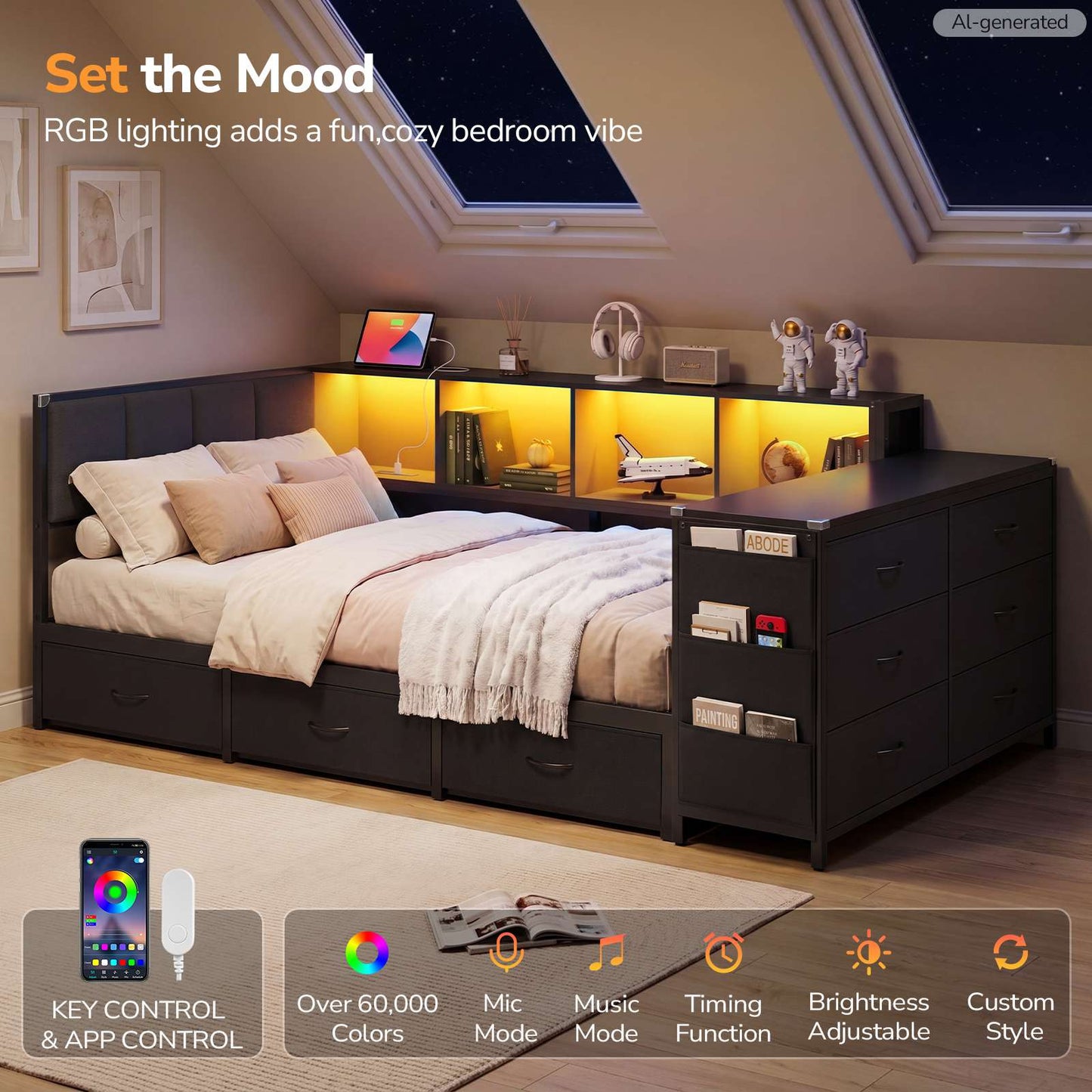 Hasuit | Twin Corner Bed Frame with Desk and Storage Bookcase  Twin Size Day Bed with 9 Drawers and LED Lights for Kids Teens