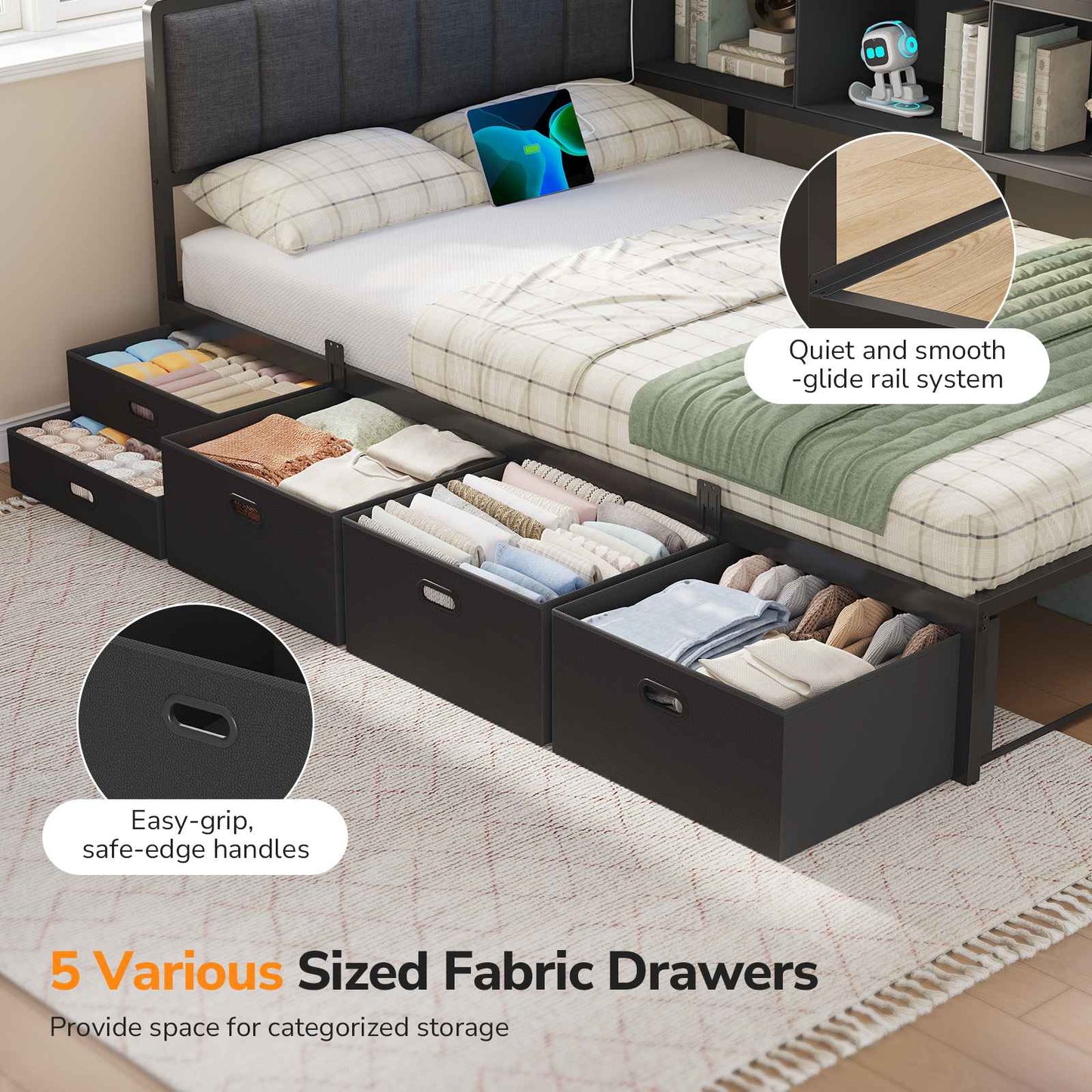 Hasuit | Twin Corner Bed Frame with 5 Drawers and Upper Storage Bookshelf Metal Twin Size Day Bed with Charging Station and LED Lights