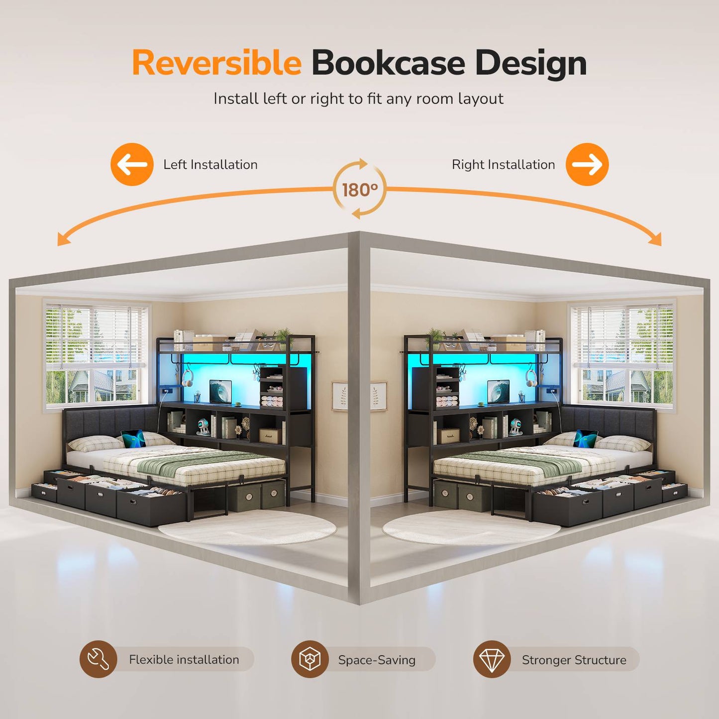 Hasuit | Twin Corner Bed Frame with 5 Drawers and Upper Storage Bookshelf Metal Twin Size Day Bed with Charging Station and LED Lights