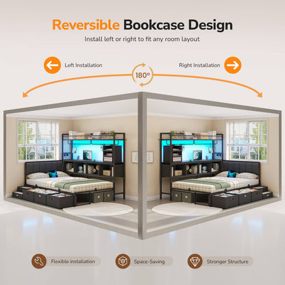 Hasuit | Twin Corner Bed Frame with 5 Drawers and Upper Storage Bookshelf Metal Twin Size Day Bed with Charging Station and LED Lights