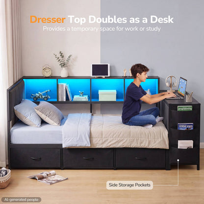 Hasuit | Twin Corner Bed Frame with Desk and Storage Bookcase  Twin Size Day Bed with 9 Drawers and LED Lights for Kids Teens