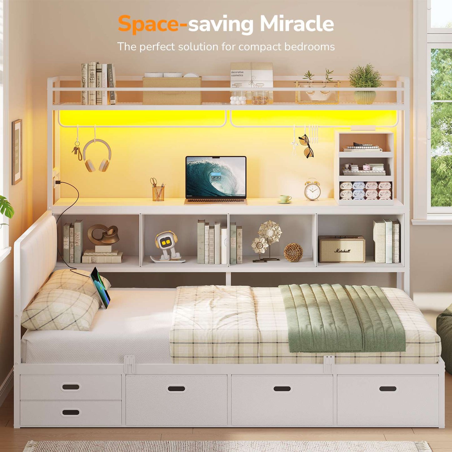 Hasuit | Twin Corner Bed Frame with 5 Drawers and Upper Storage Bookshelf Metal Twin Size Day Bed with Charging Station and LED Lights