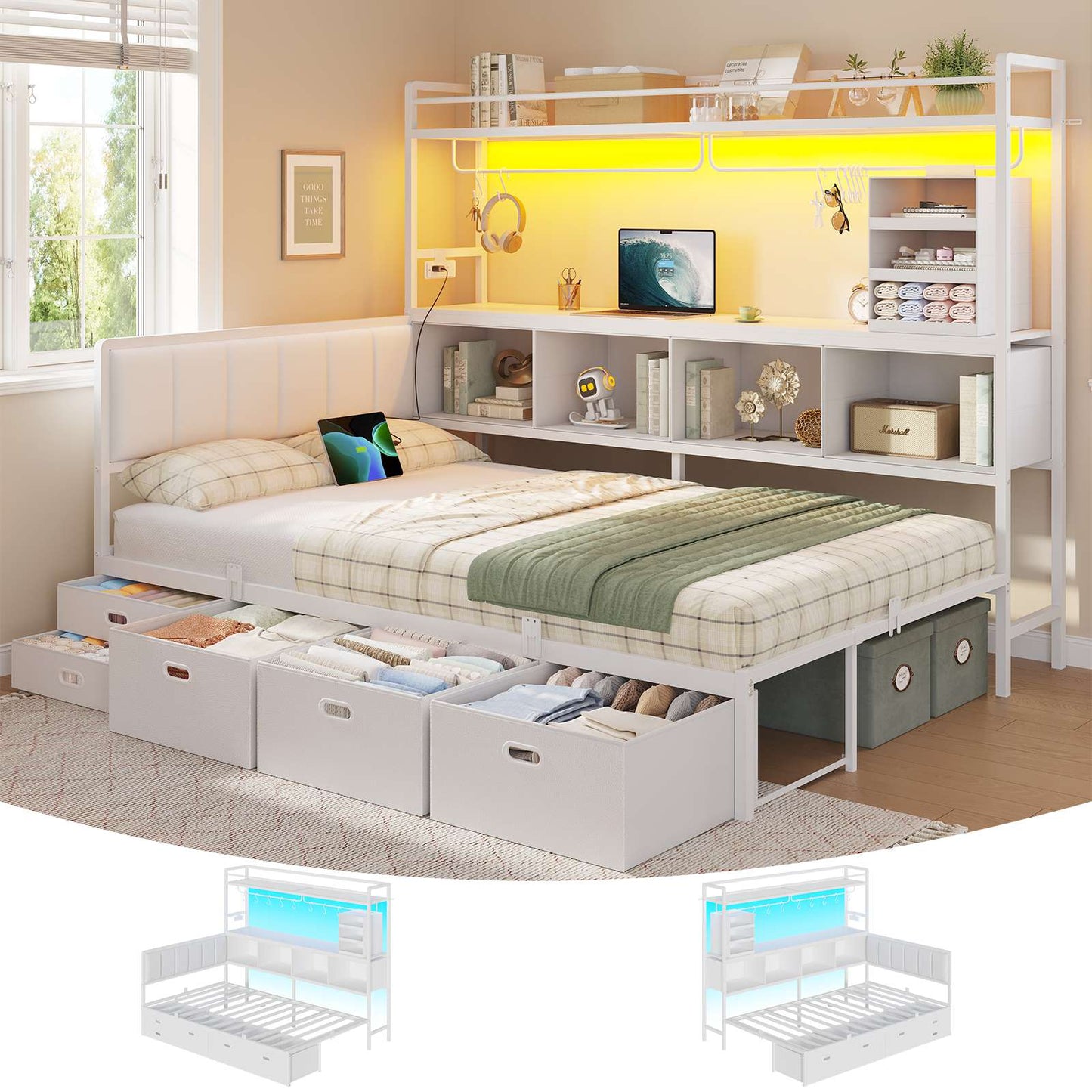 Hasuit | Twin Corner Bed Frame with 5 Drawers and Upper Storage Bookshelf Metal Twin Size Day Bed with Charging Station and LED Lights