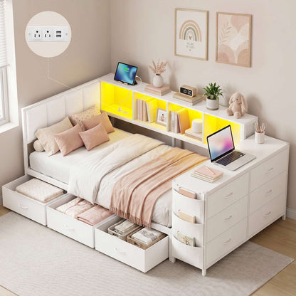 Hasuit | Twin Corner Bed Frame with Desk and Storage Bookcase  Twin Size Day Bed with 9 Drawers and LED Lights for Kids Teens