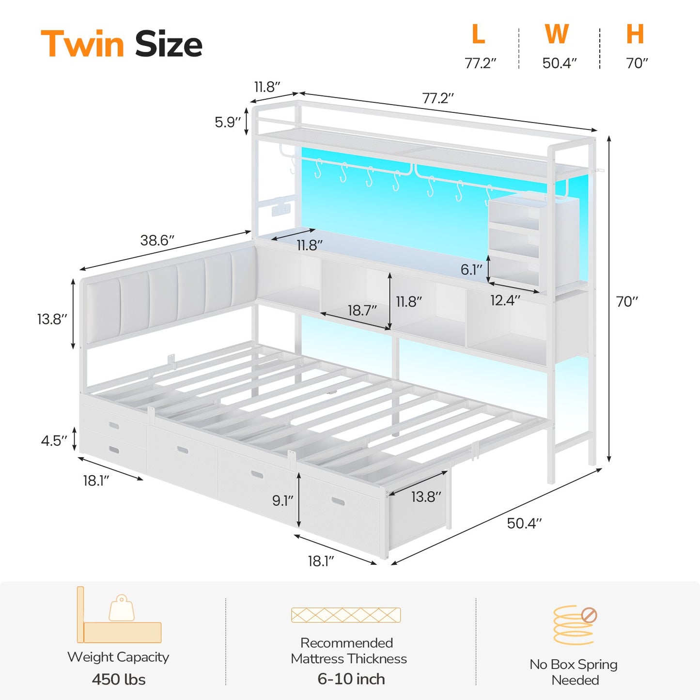 Hasuit | Twin Corner Bed Frame with 5 Drawers and Upper Storage Bookshelf Metal Twin Size Day Bed with Charging Station and LED Lights