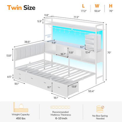 Hasuit | Twin Corner Bed Frame with 5 Drawers and Upper Storage Bookshelf Metal Twin Size Day Bed with Charging Station and LED Lights