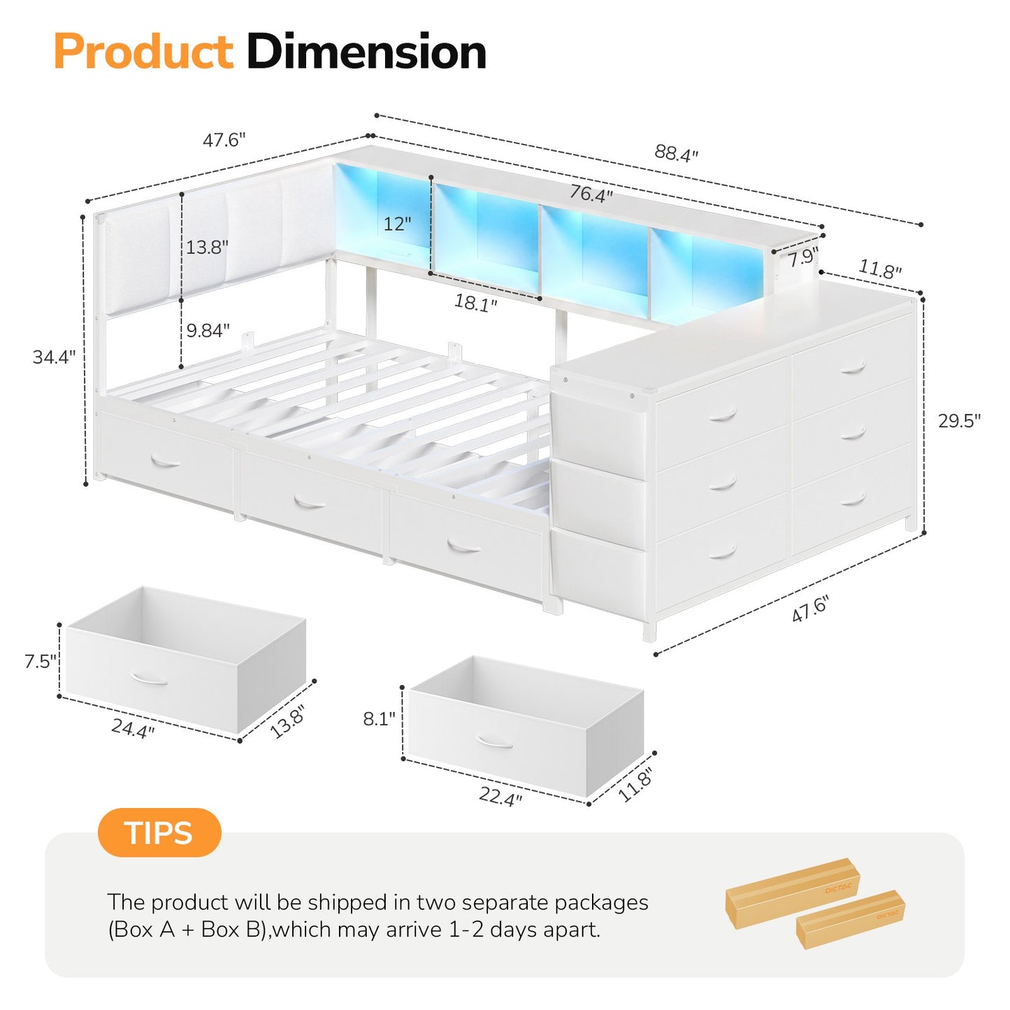 Hasuit | Twin Corner Bed Frame with Desk and Storage Bookcase  Twin Size Day Bed with 9 Drawers and LED Lights for Kids Teens