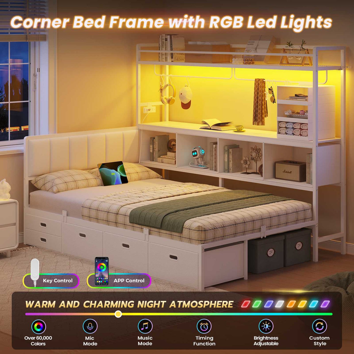 Hasuit | Twin Corner Bed Frame with 5 Drawers and Upper Storage Bookshelf Metal Twin Size Day Bed with Charging Station and LED Lights