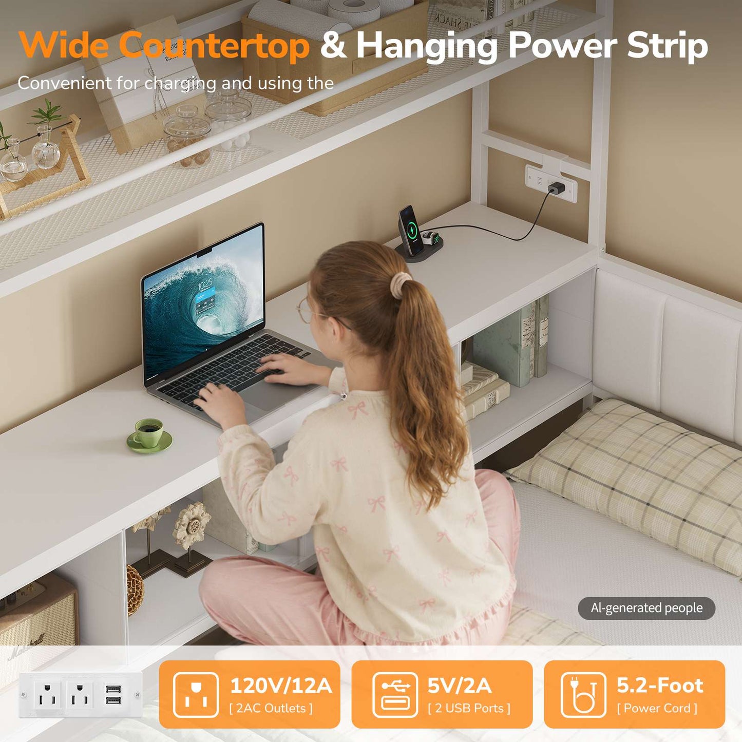 Hasuit | Twin Corner Bed Frame with 5 Drawers and Upper Storage Bookshelf Metal Twin Size Day Bed with Charging Station and LED Lights