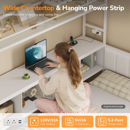 Hasuit | Twin Corner Bed Frame with 5 Drawers and Upper Storage Bookshelf Metal Twin Size Day Bed with Charging Station and LED Lights