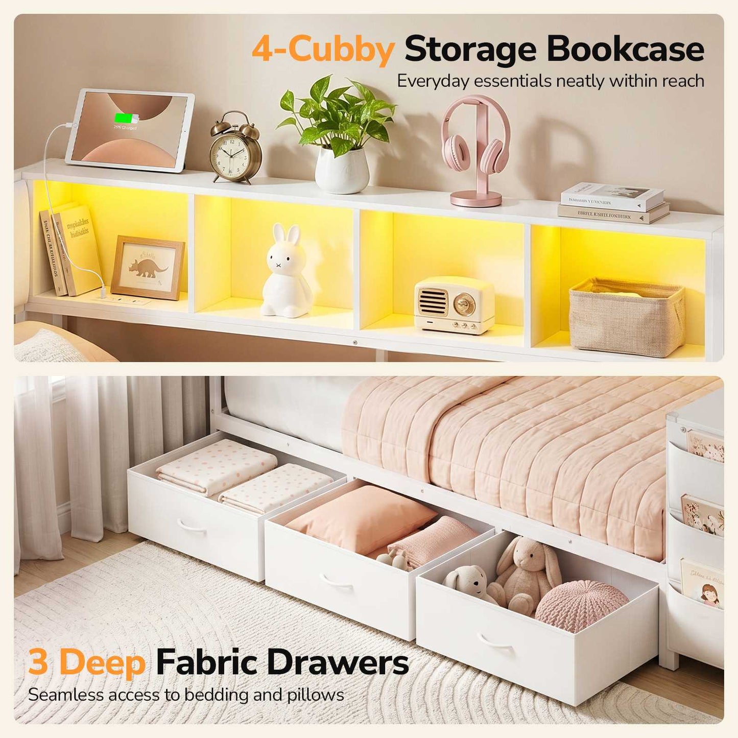 Hasuit | Twin Corner Bed Frame with Desk and Storage Bookcase  Twin Size Day Bed with 9 Drawers and LED Lights for Kids Teens