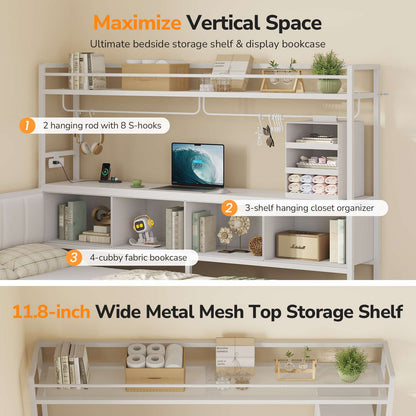 Hasuit | Twin Corner Bed Frame with 5 Drawers and Upper Storage Bookshelf Metal Twin Size Day Bed with Charging Station and LED Lights