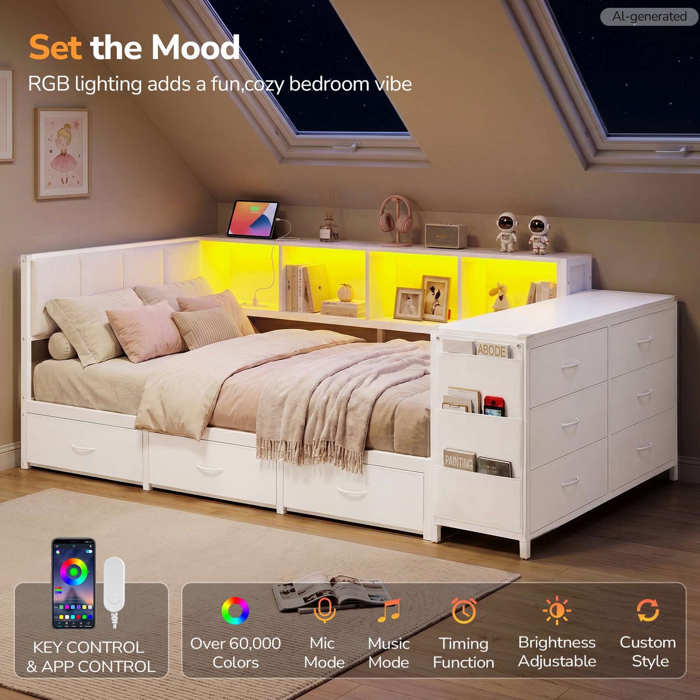 Hasuit | Twin Corner Bed Frame with Desk and Storage Bookcase  Twin Size Day Bed with 9 Drawers and LED Lights for Kids Teens