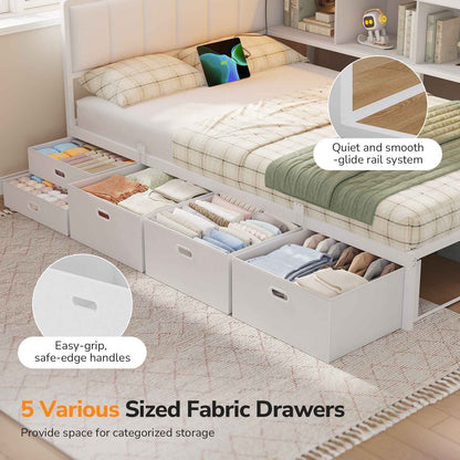 Hasuit | Twin Corner Bed Frame with 5 Drawers and Upper Storage Bookshelf Metal Twin Size Day Bed with Charging Station and LED Lights