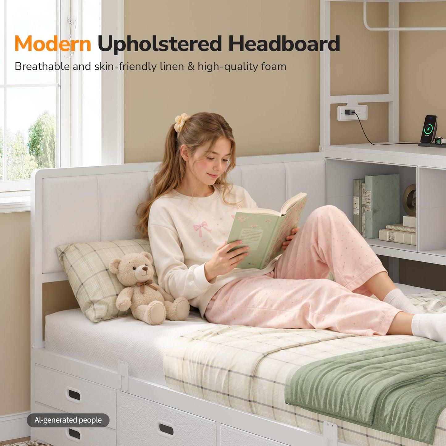 Hasuit | Twin Corner Bed Frame with 5 Drawers and Upper Storage Bookshelf Metal Twin Size Day Bed with Charging Station and LED Lights