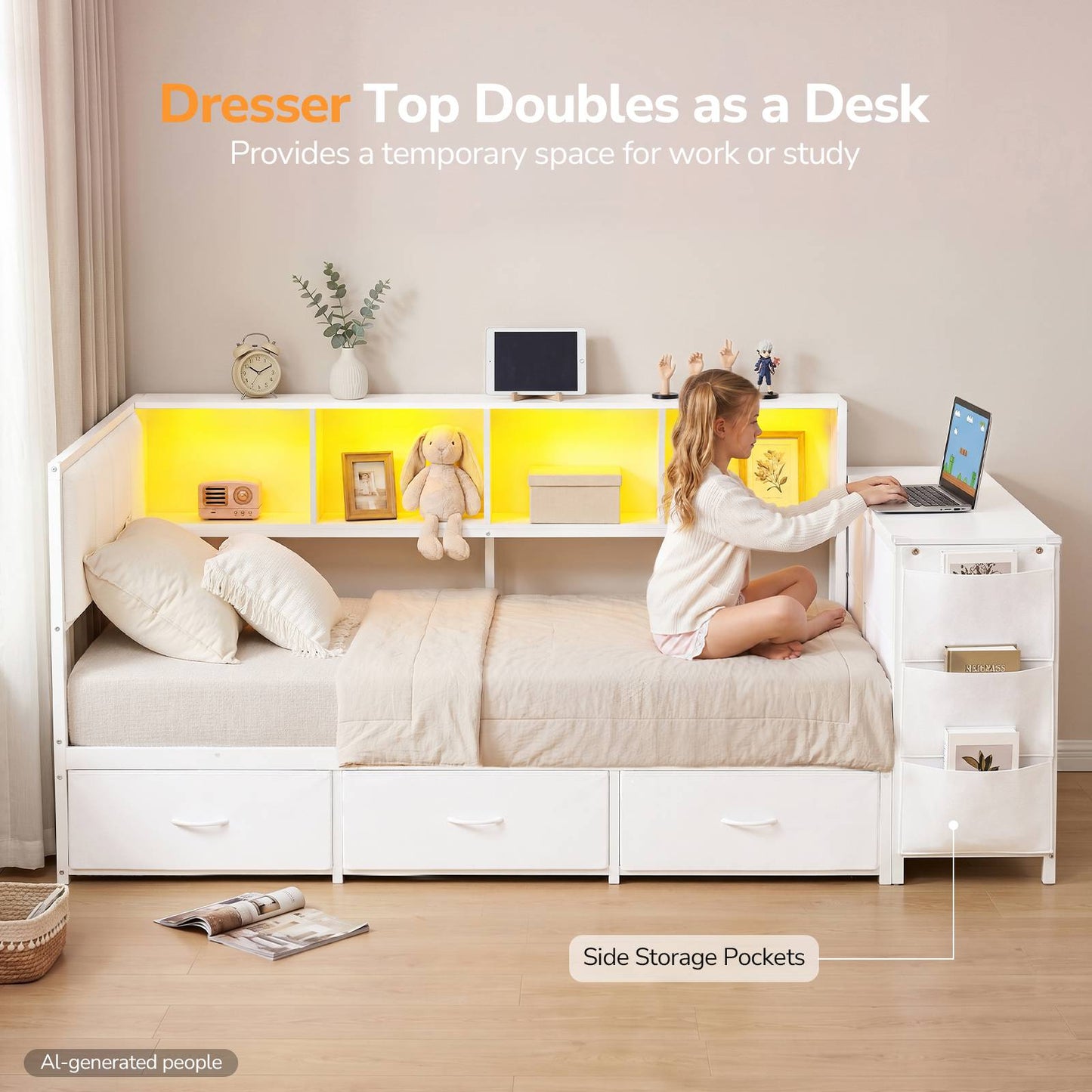 Hasuit | Twin Corner Bed Frame with Desk and Storage Bookcase  Twin Size Day Bed with 9 Drawers and LED Lights for Kids Teens