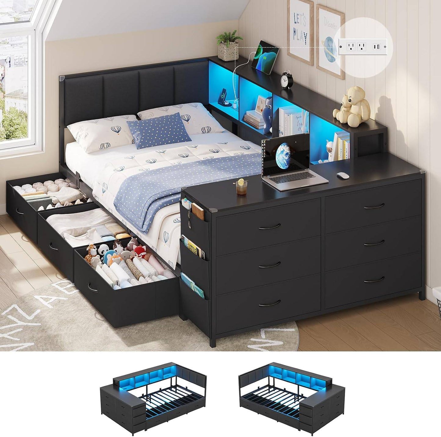 Hasuit | Twin Corner Bed Frame with Desk and Storage Bookcase  Twin Size Day Bed with 9 Drawers and LED Lights for Kids Teens