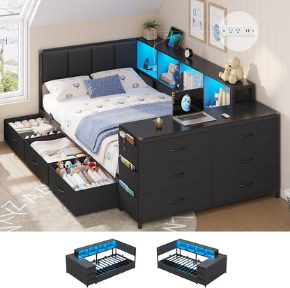 Hasuit | Twin Corner Bed Frame with Desk and Storage Bookcase  Twin Size Day Bed with 9 Drawers and LED Lights for Kids Teens