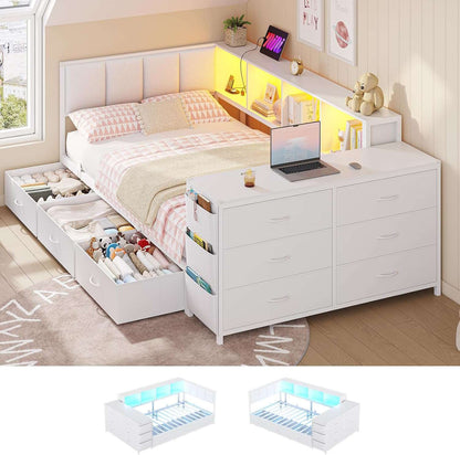 Hasuit | Twin Corner Bed Frame with Desk and Storage Bookcase  Twin Size Day Bed with 9 Drawers and LED Lights for Kids Teens