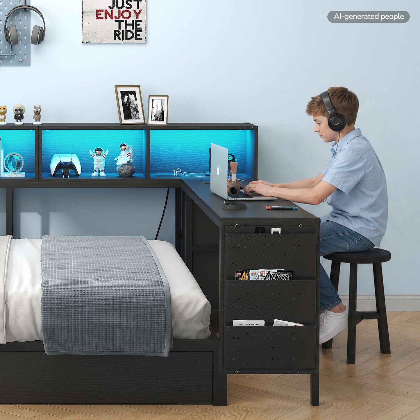 Hasuit | Full Corner Bed with Desk and Storage Bookcase Daybed with Charging Station and LED Light Modern Teenagers Bedframe